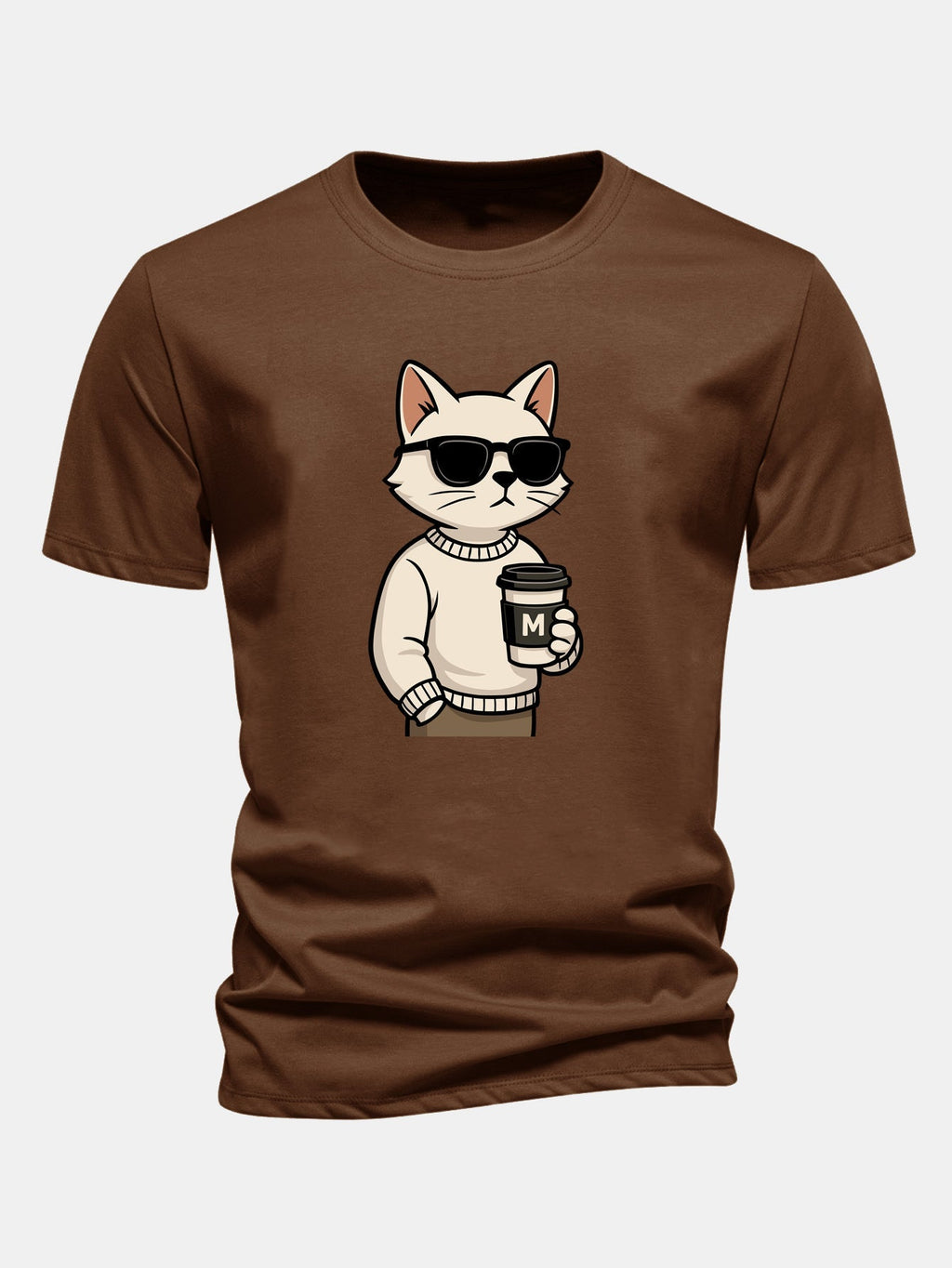 Classic Fit Cotton T-Shirt with Cat Coffee Print