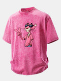 Distressed Drop Shoulder T-Shirt Featuring Pink Panther with V Sign Print