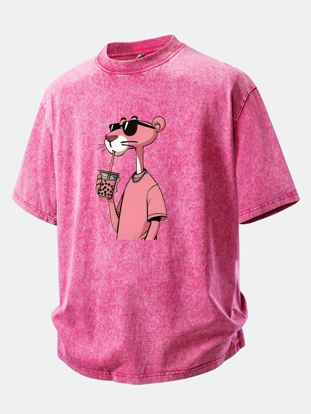 Distressed Drop Shoulder T-Shirt with Pink Panther Print