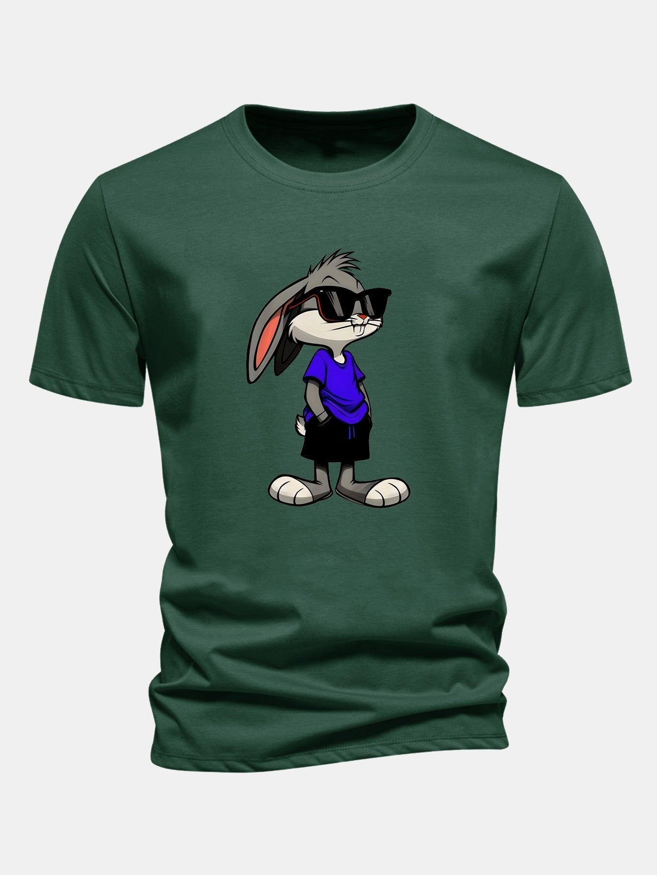 Rabbit Print Cotton T-Shirt in Regular Fit with Sunglasses Design