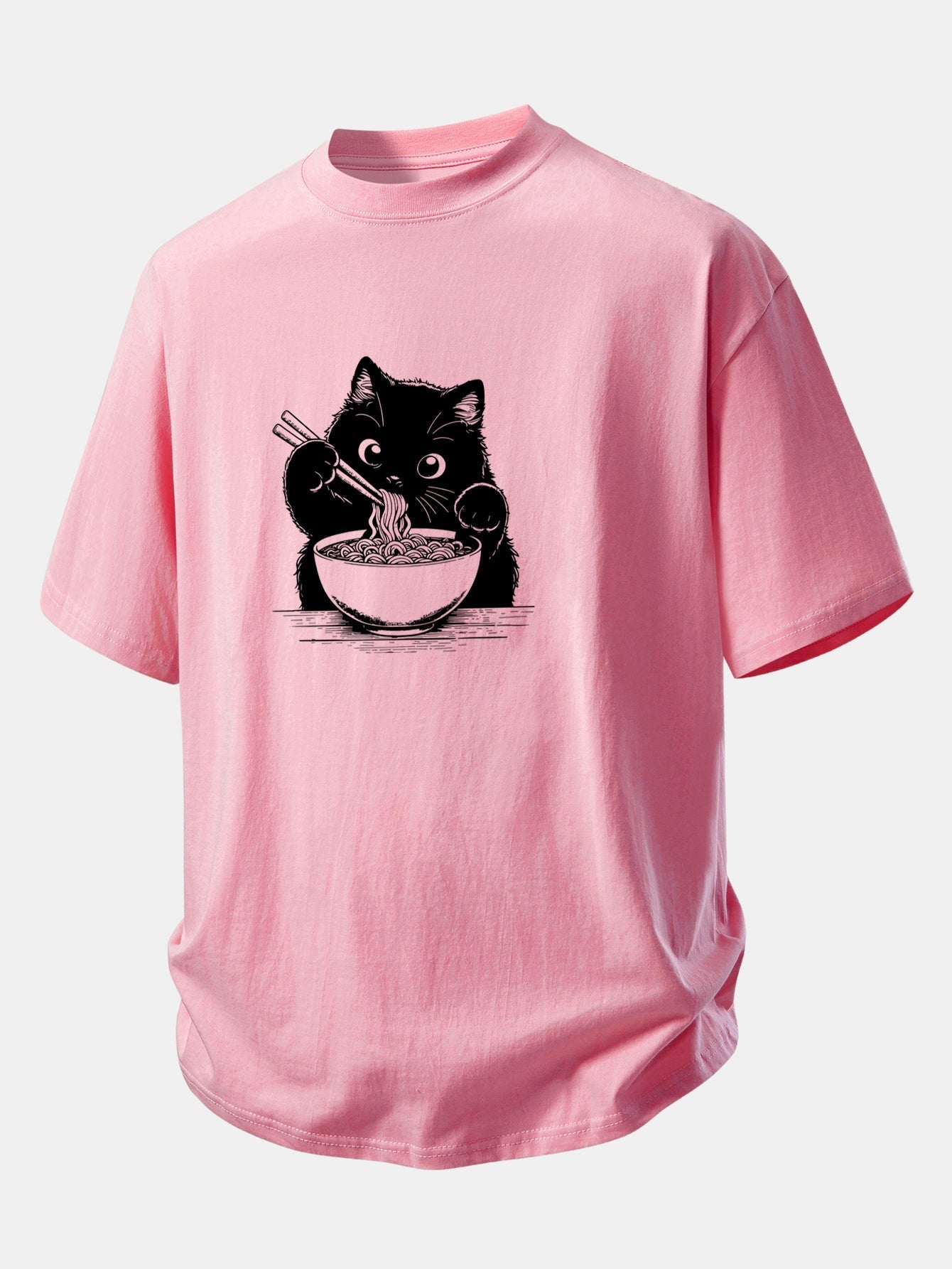 Comfortable Black Cat Ramen Graphic Cotton T-Shirt