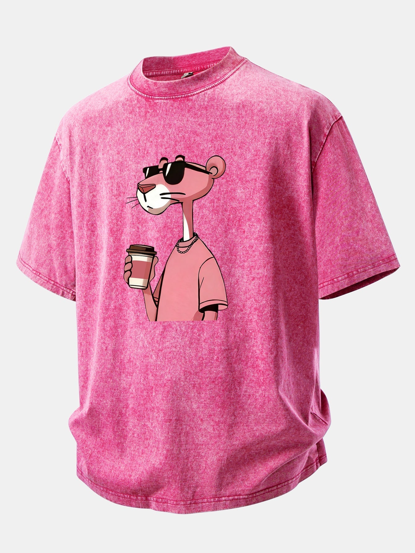 Distressed Drop Shoulder T-Shirt Featuring Pink Panther Coffee Print