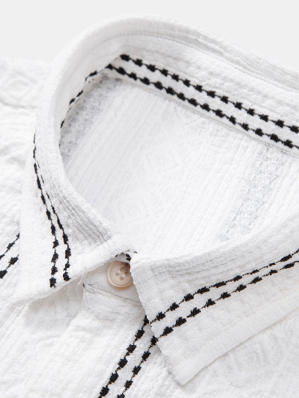 Geometric Striped Jacquard Button-Up Shirt with Crinkle Textured 5" Drawstring Shorts