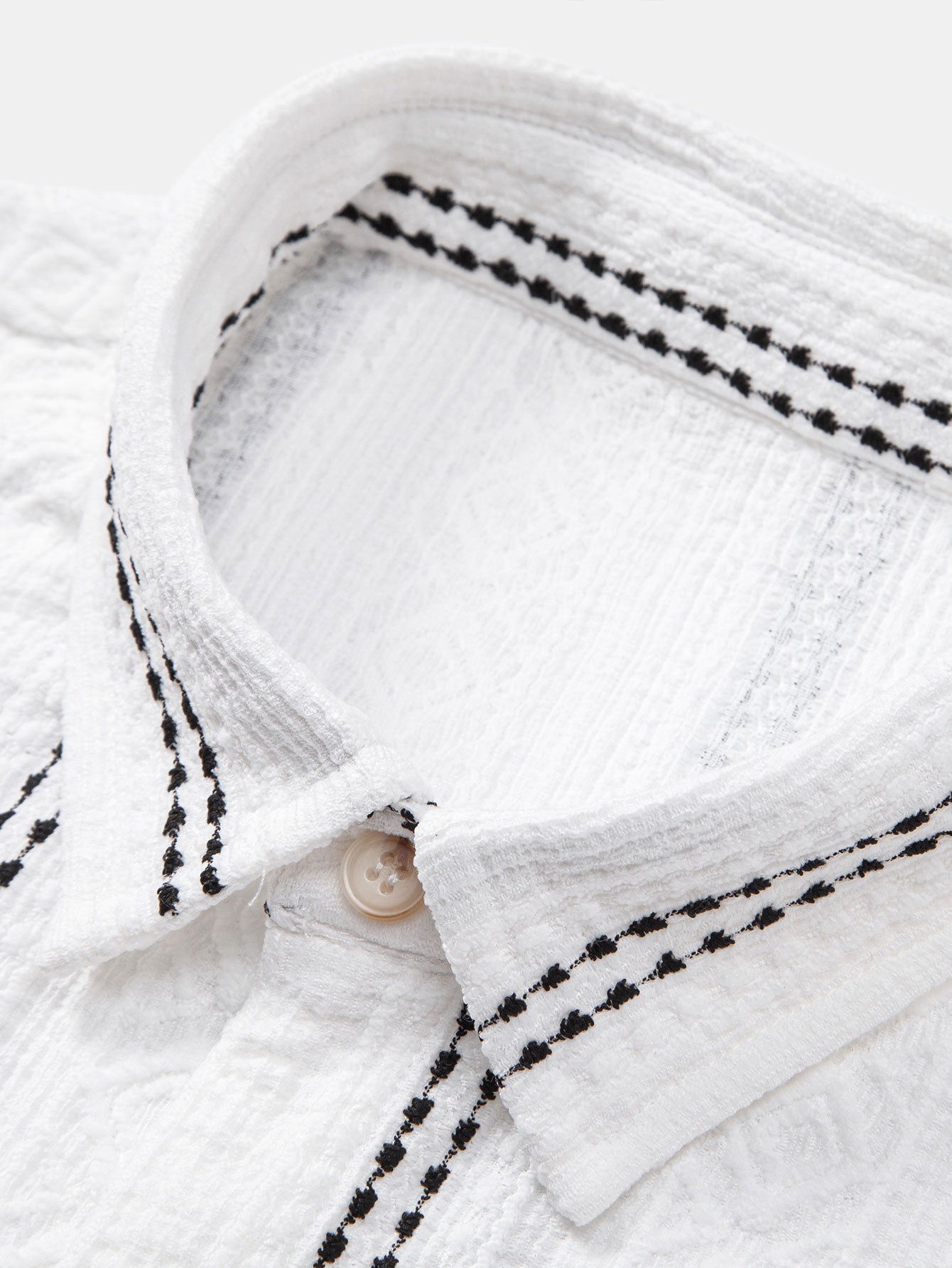 Geometric Striped Jacquard Button-Up Shirt with Crinkle Textured 5" Drawstring Shorts