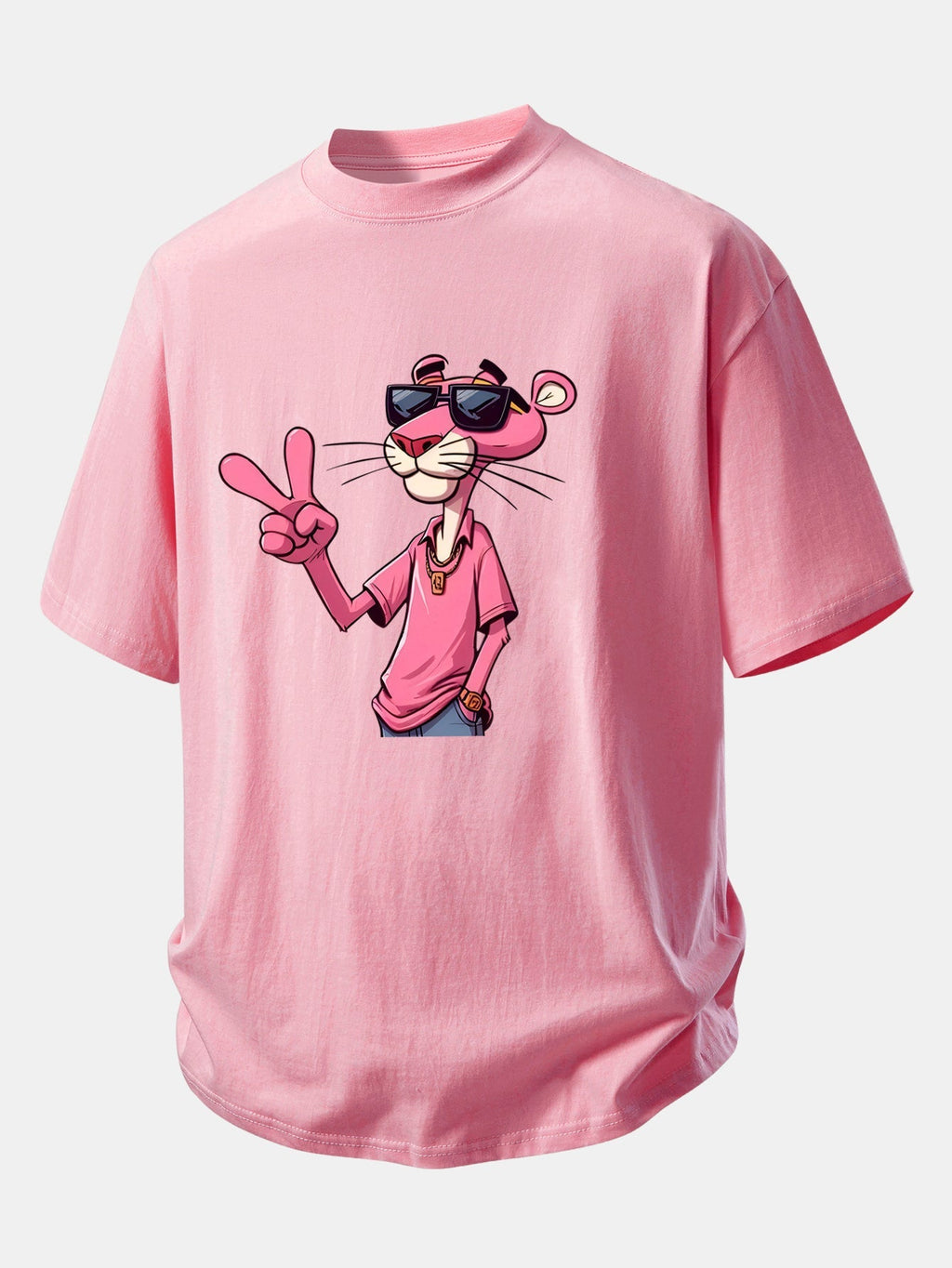 Relaxed Fit Cotton T-Shirt Featuring Pink Panther and V Sign Print