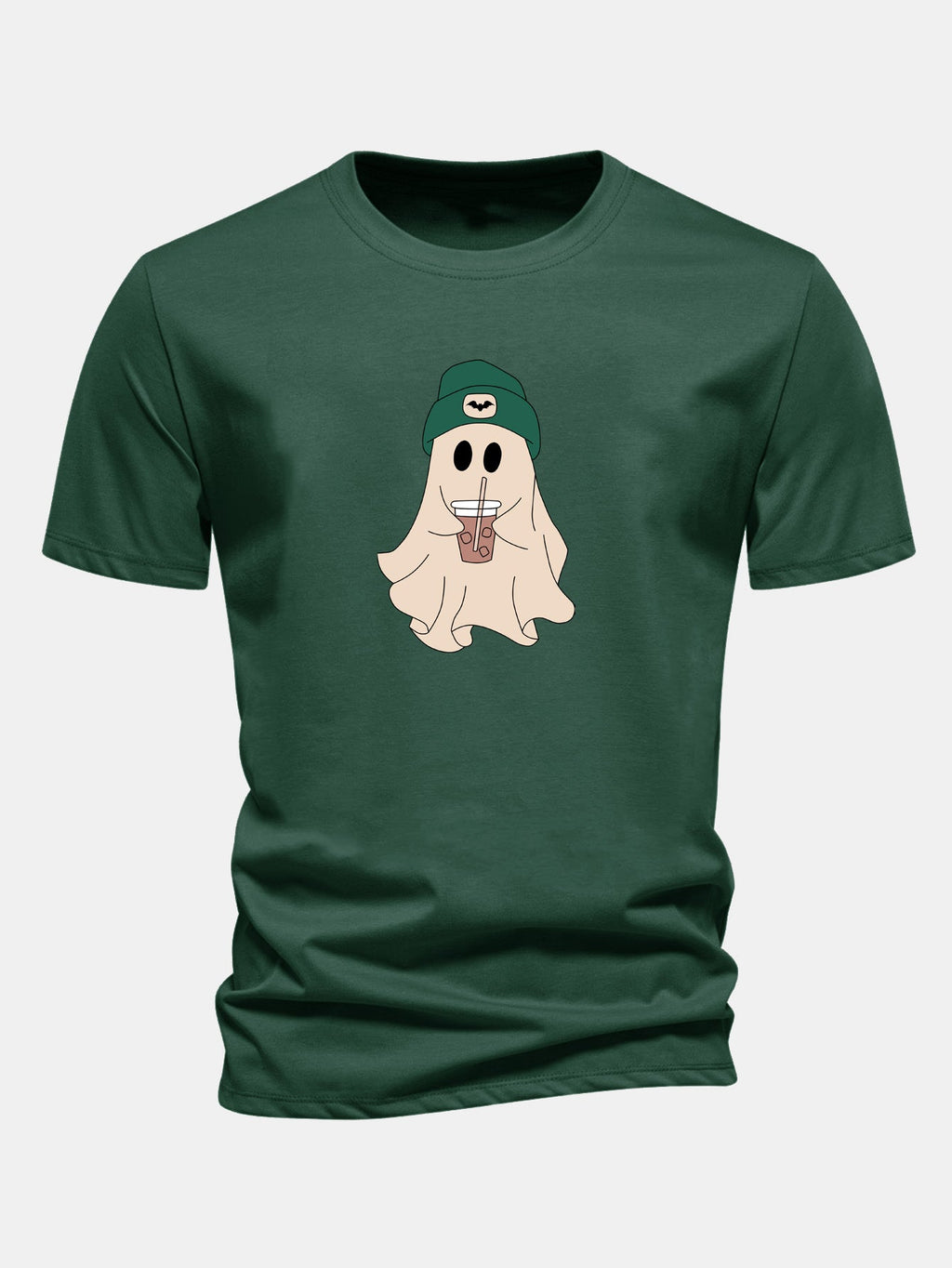 Regular Fit Dark Green Cotton T-Shirt with Ghost Print