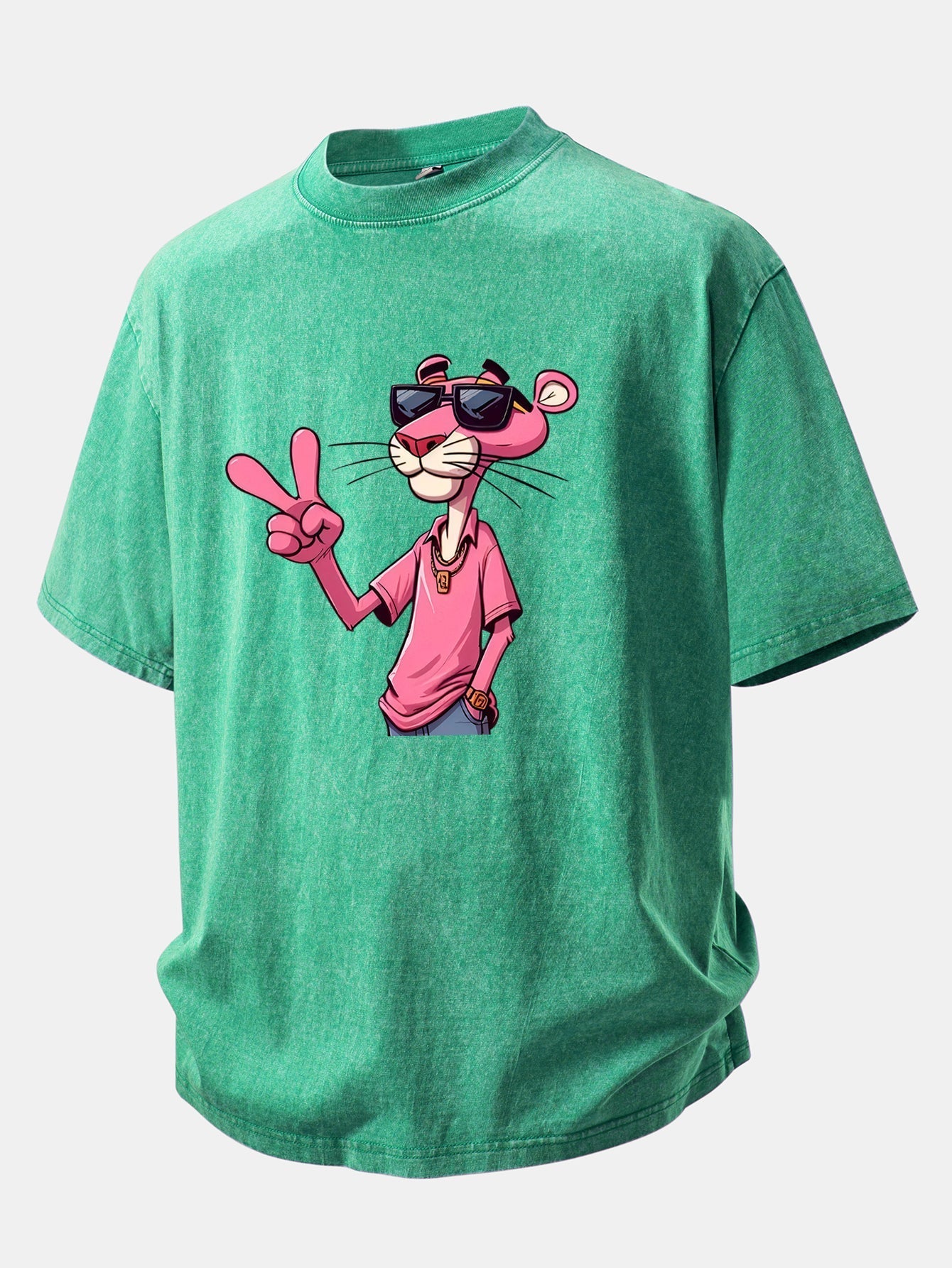 Distressed Drop Shoulder T-Shirt Featuring Pink Panther with V Sign Print