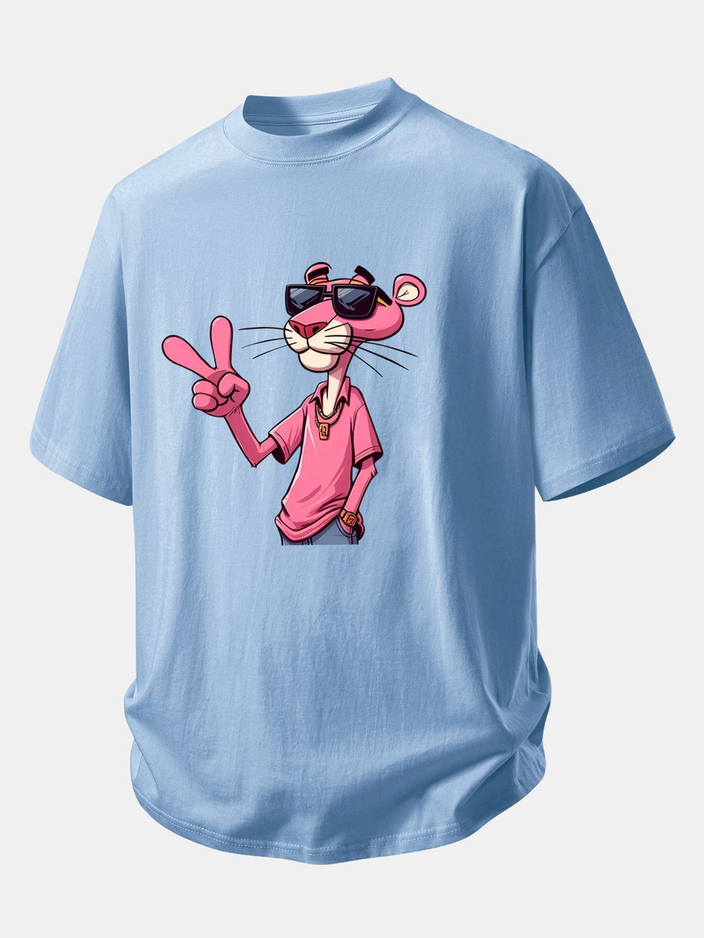 Relaxed Fit Cotton T-Shirt Featuring Pink Panther and V Sign Print