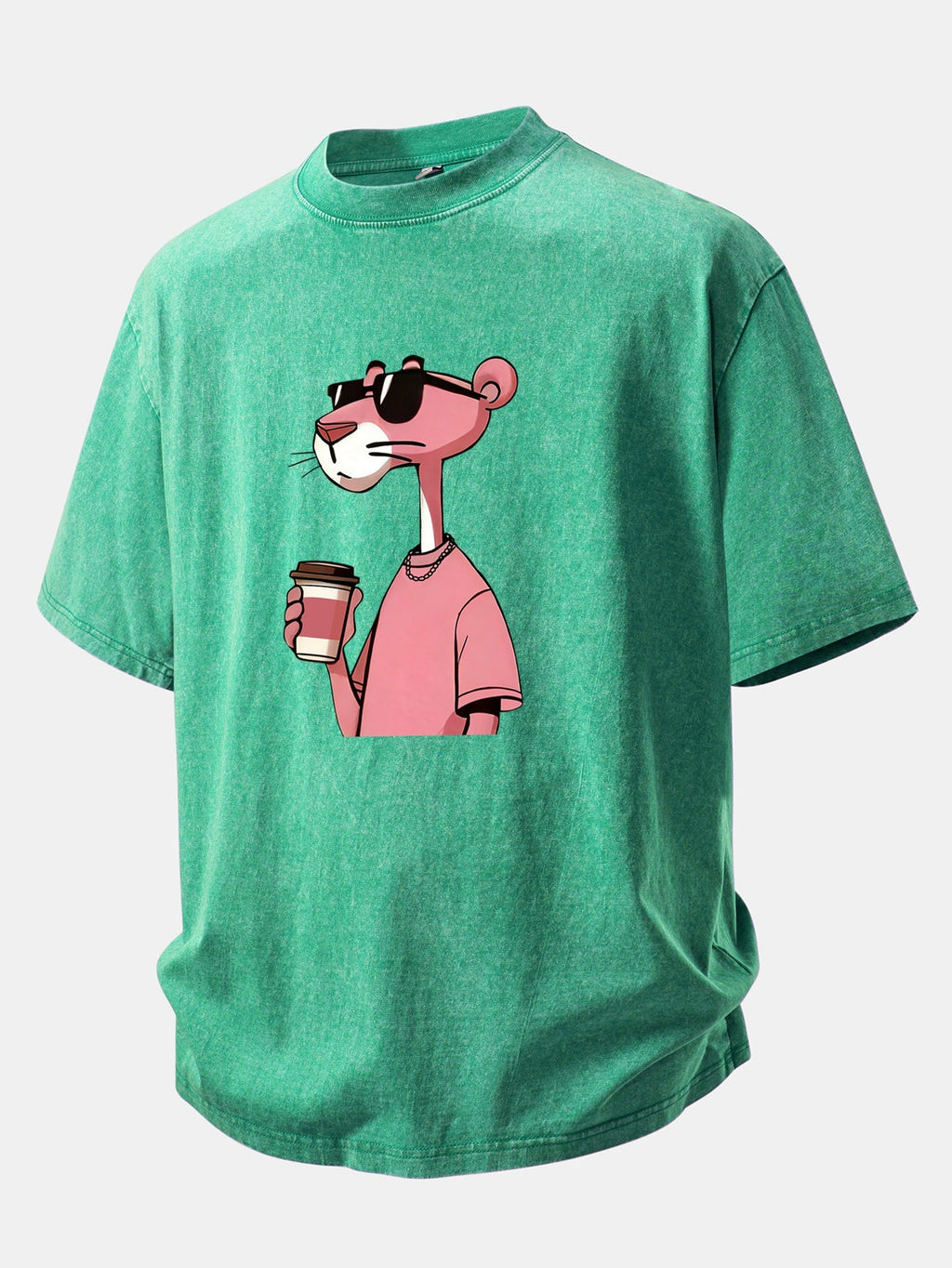 Distressed Drop Shoulder T-Shirt Featuring Pink Panther Coffee Print