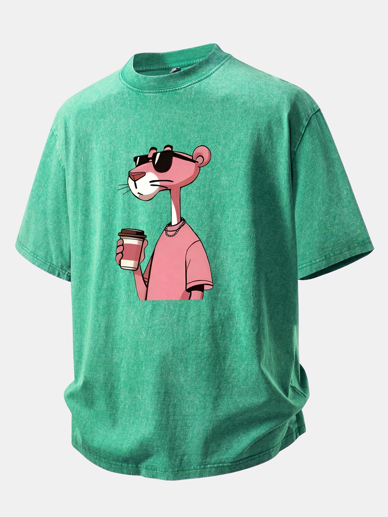 Distressed Drop Shoulder T-Shirt Featuring Pink Panther Coffee Print