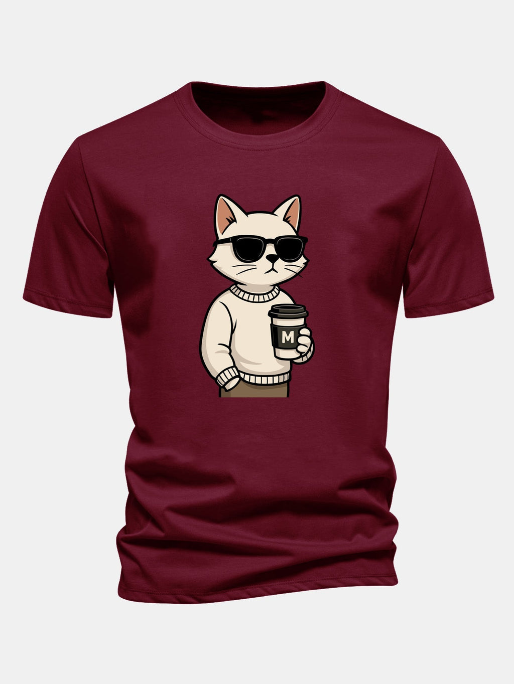 Classic Fit Cotton T-Shirt with Cat Coffee Print