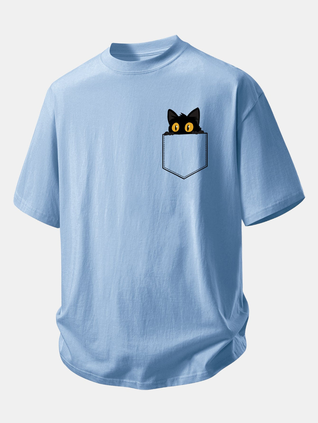 Relaxed Fit Cotton T-Shirt with Black Cat Print and Pockets