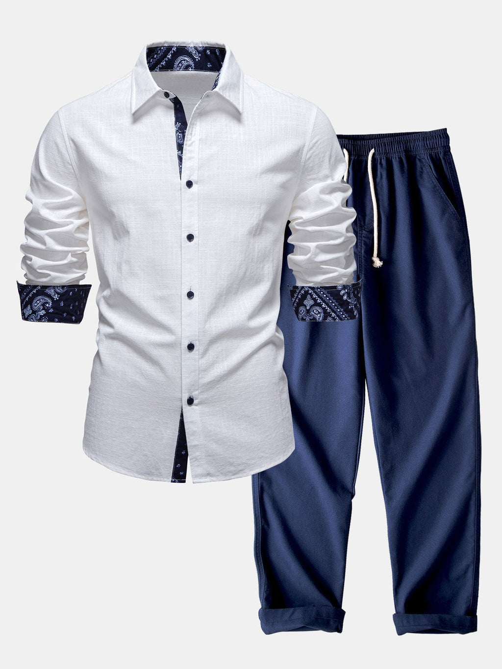 Paisley Print Contrast Linen Shirt & Straight-Leg Linen Trousers