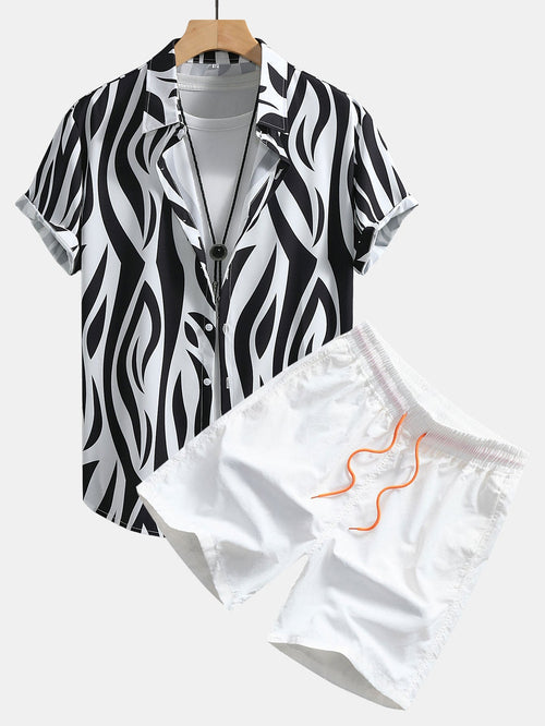 Abstract Print Button-Up Shirt and Swim Shorts Set