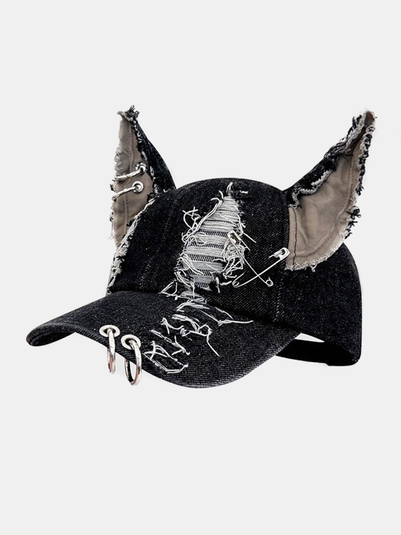 Gothic Western Distressed Denim Cap with Metal Accents