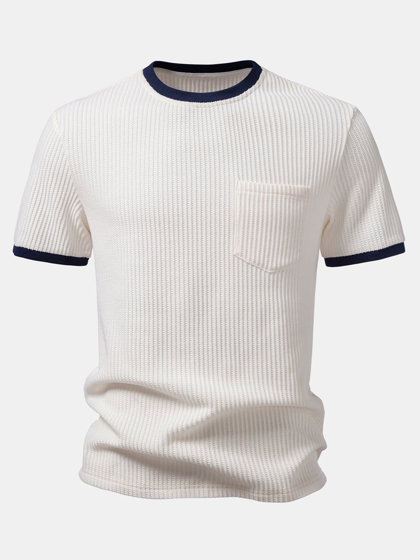 Two-Piece Contrast Waffle Set: T-Shirt with Pocket & Drawstring Knitted Pants