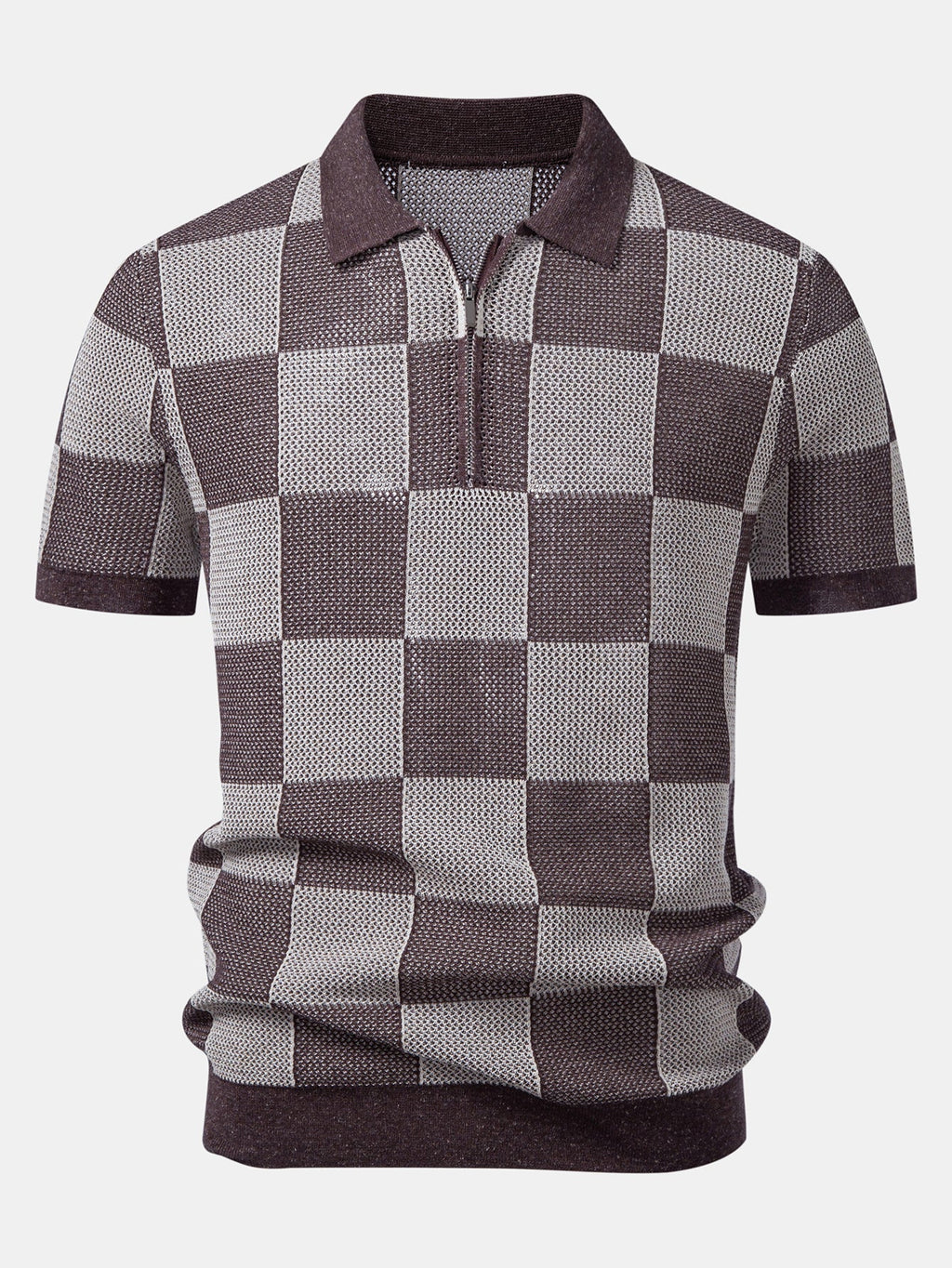 Crocheted Zipper Knit Polo with Checkerboard Design