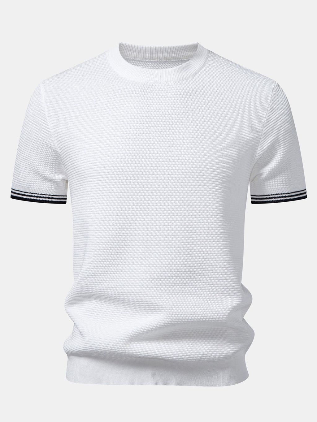 Ribbed Knit T-Shirt with Contrast Stripe Trim