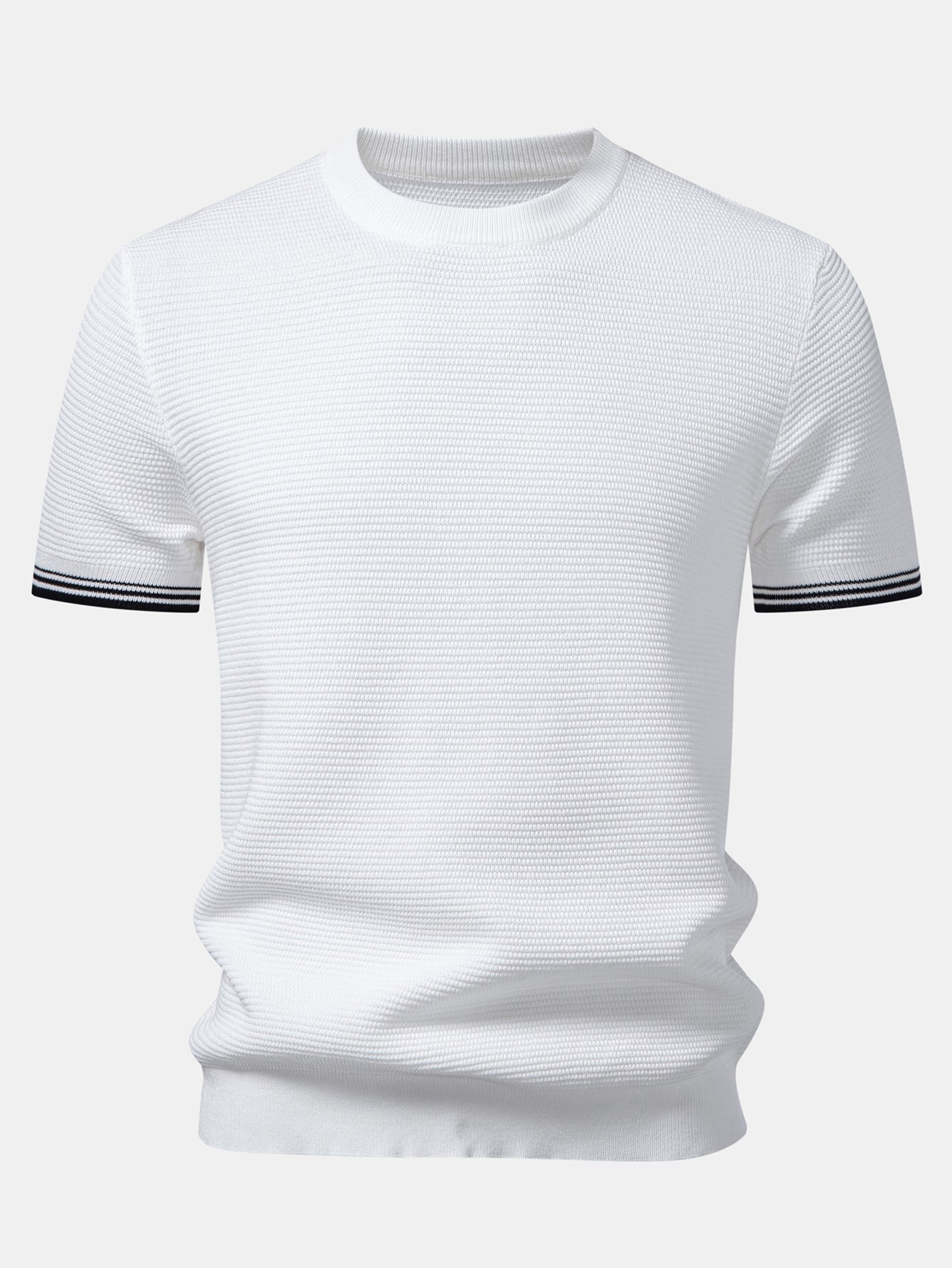 Ribbed Knit T-Shirt with Contrast Stripe Trim