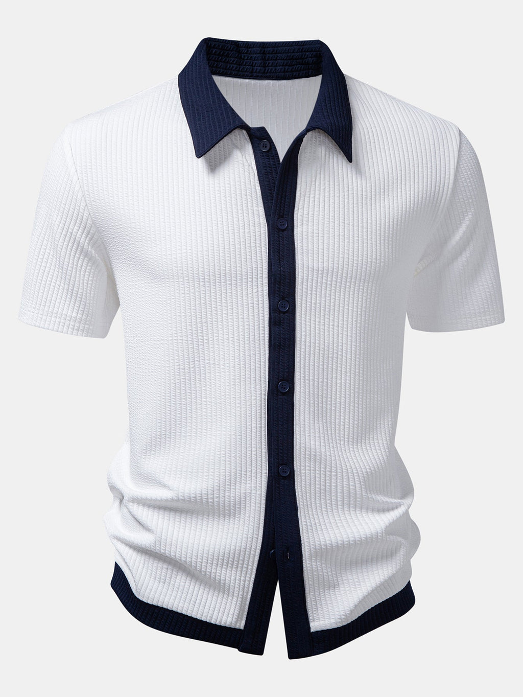 Ribbed Button-Up Shirt with Contrast and Straight-Leg Ribbed Pants