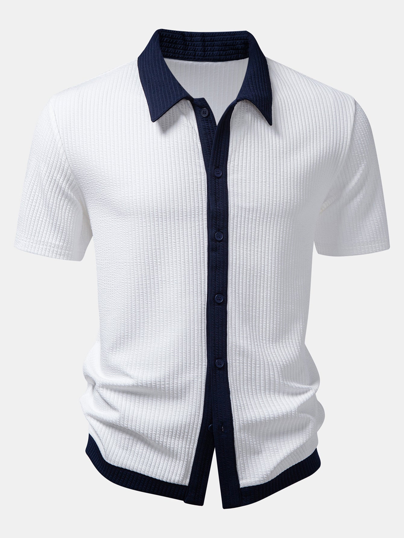 Ribbed Button-Up Shirt with Contrast and Straight-Leg Ribbed Pants