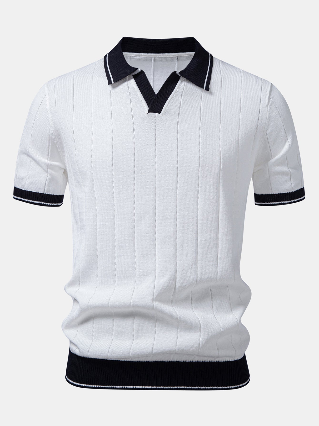 Ribbed Knit Polo with Contrast Trim and Johnny Collar