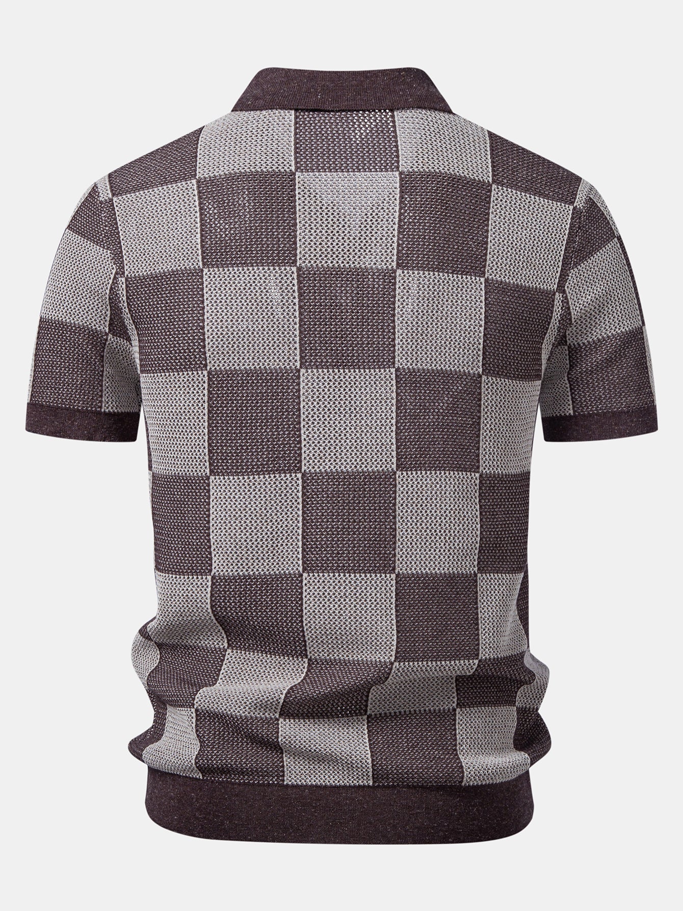 Crocheted Zipper Knit Polo with Checkerboard Design
