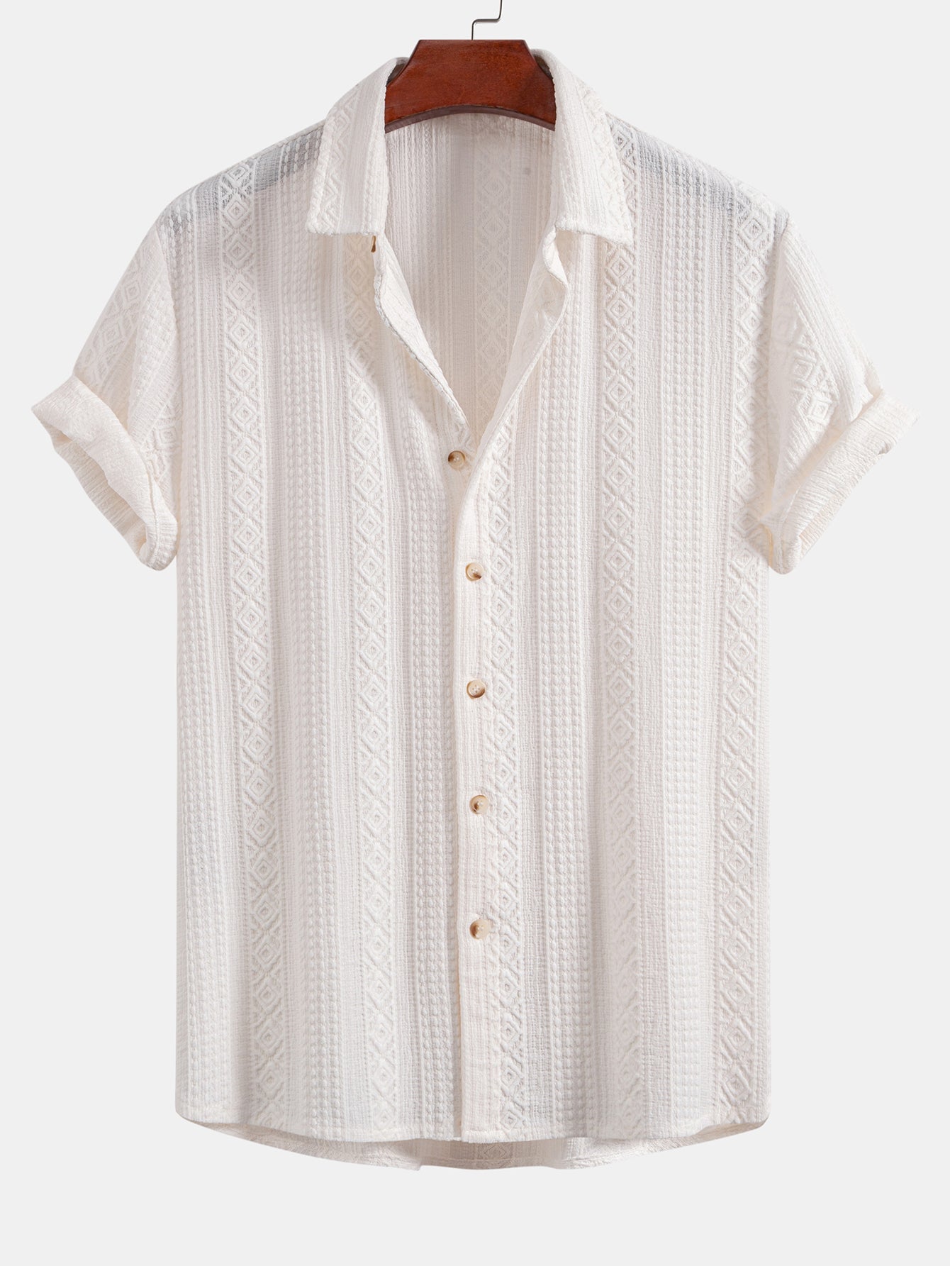 Geometric Jacquard Button-Up Shirt with Straight-Leg Linen Trousers