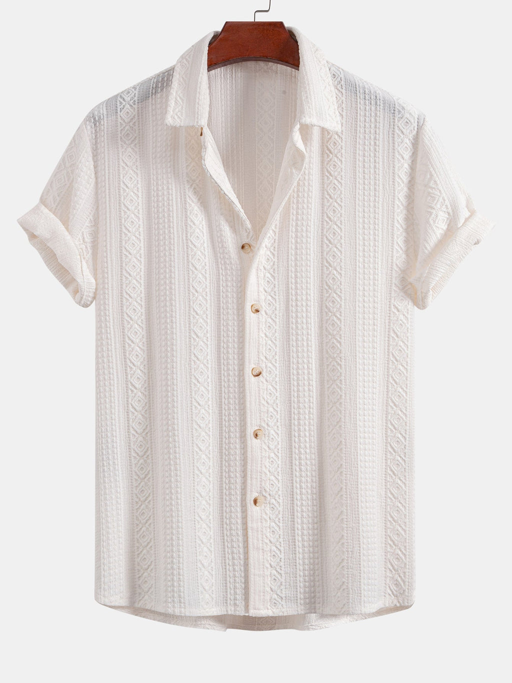 Geometric Jacquard Button-Up Shirt with Crinkle Textured Straight-Leg Pants