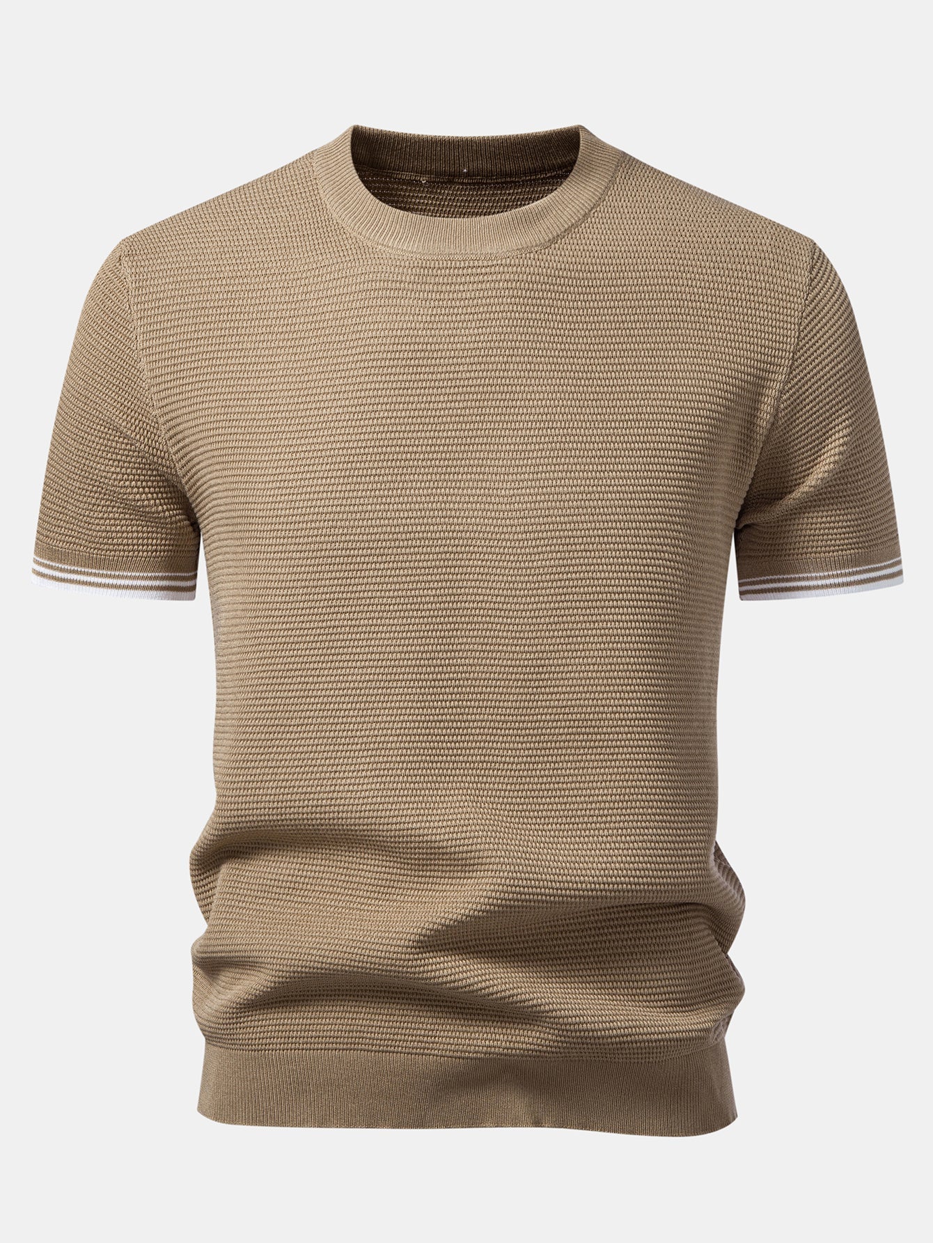 Ribbed Knit T-Shirt with Contrast Stripe Trim