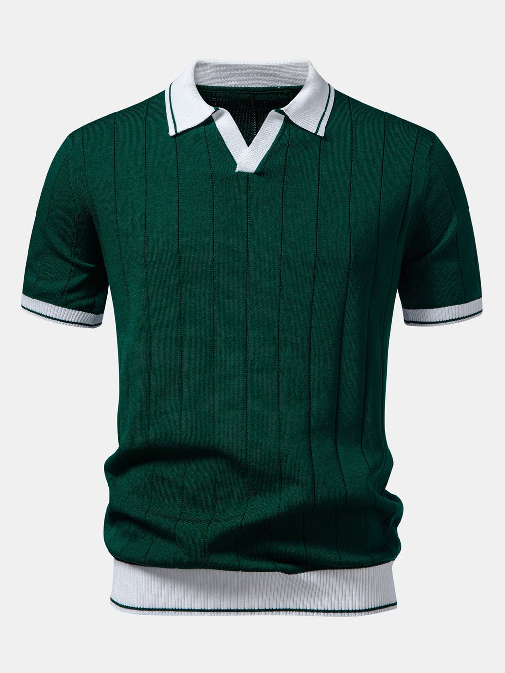 Ribbed Knit Polo with Contrast Trim and Straight Leg Ribbed Trousers