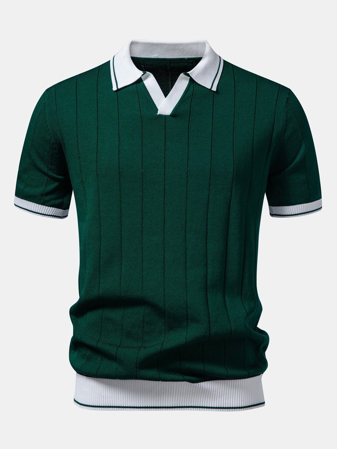 Ribbed Johnny Collar Knit Polo with Contrast Trim & Slim Fit Tapered Trousers