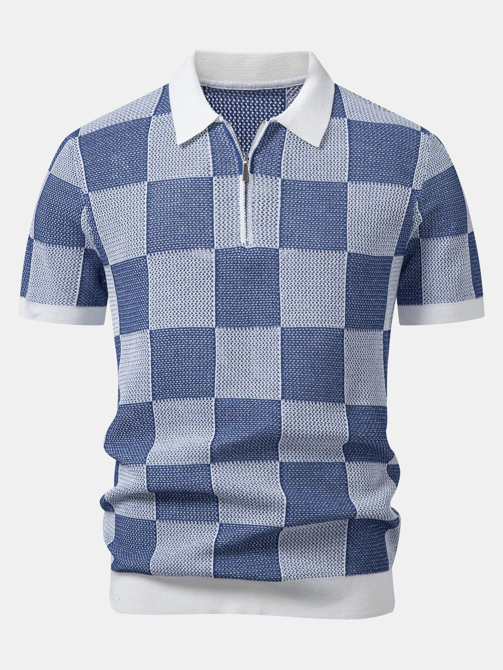 Crocheted Zipper Knit Polo with Checkerboard Design