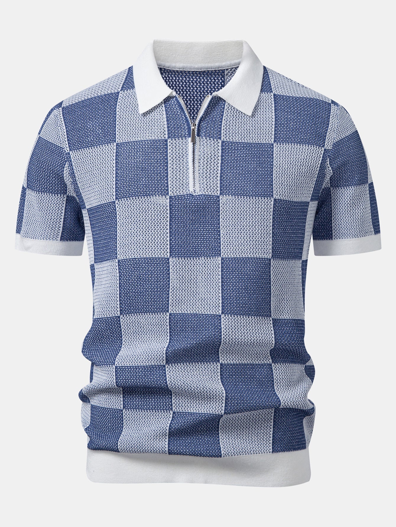 Crocheted Zipper Knit Polo with Checkerboard Design