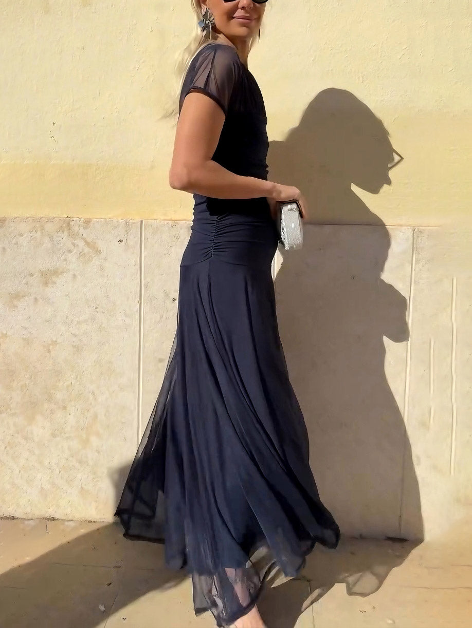 Elegant Mesh Pleated Wide-leg Hip-hugging Maxi Dress
