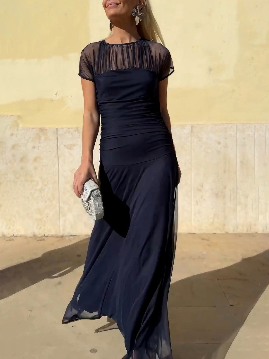 Elegant Mesh Pleated Wide-leg Hip-hugging Maxi Dress
