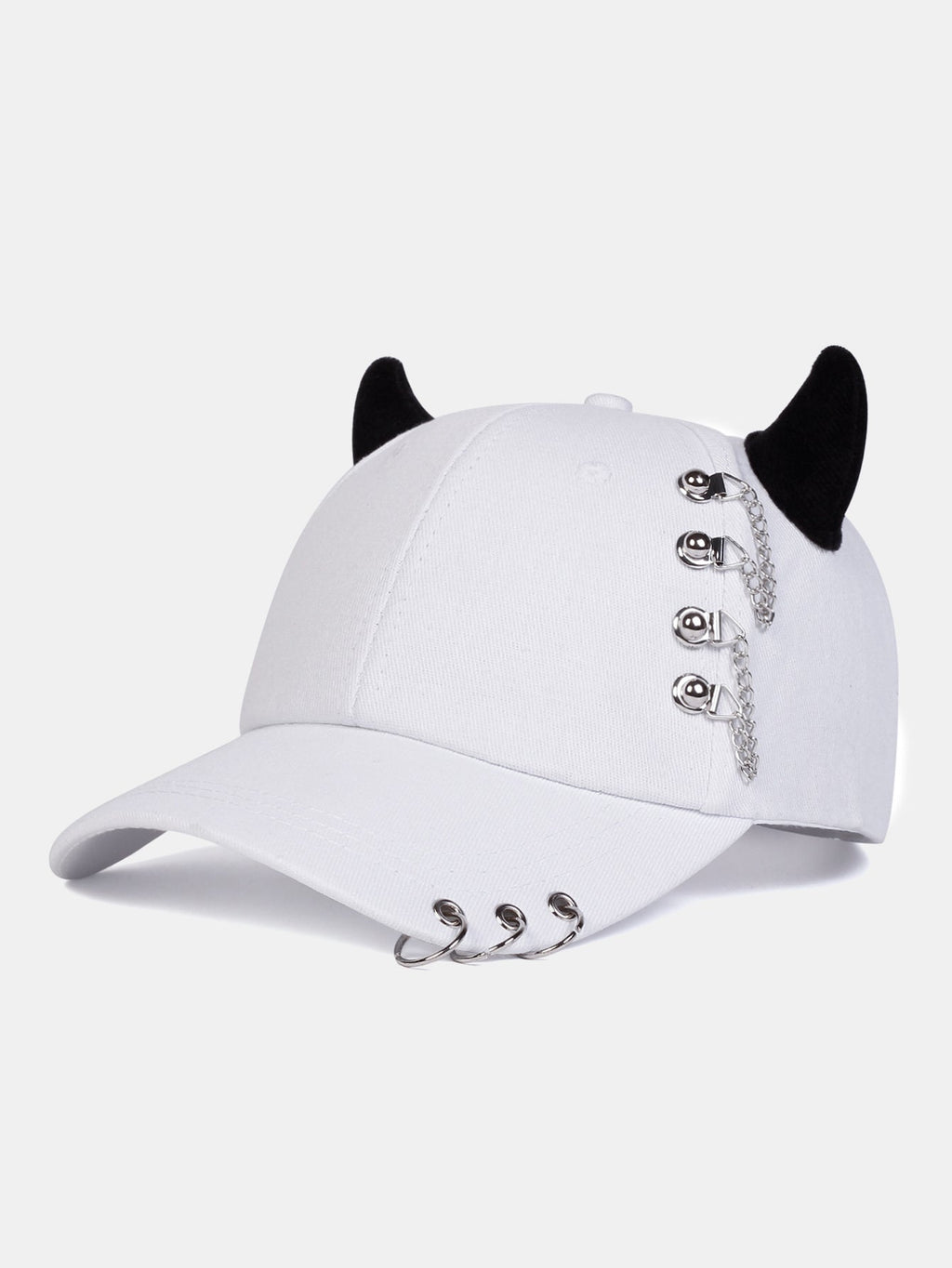Y2K-Inspired Hip Hop Baseball Cap with Cat Ear Design and Metal Chain Accents for Music Festivals