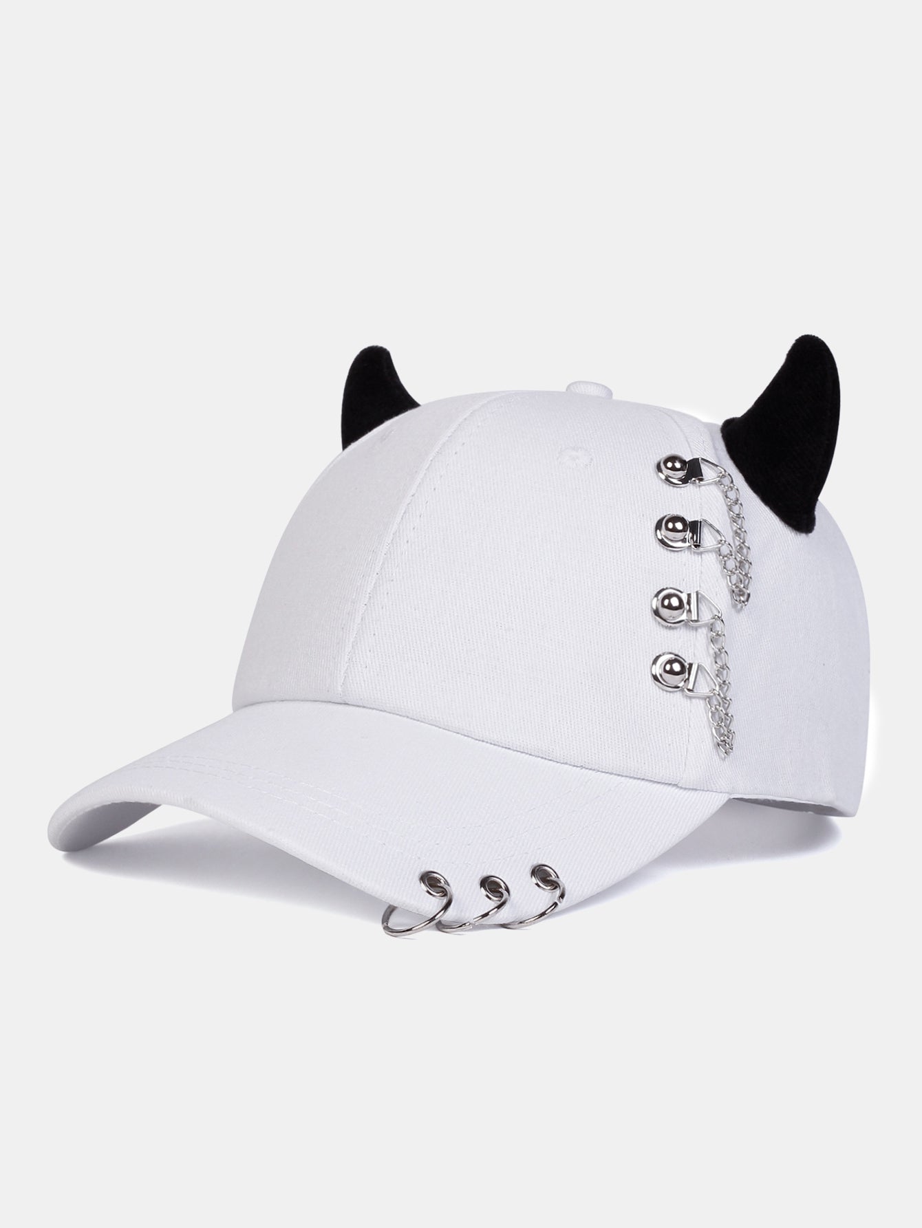 Y2K-Inspired Hip Hop Baseball Cap with Cat Ear Design and Metal Chain Accents for Music Festivals