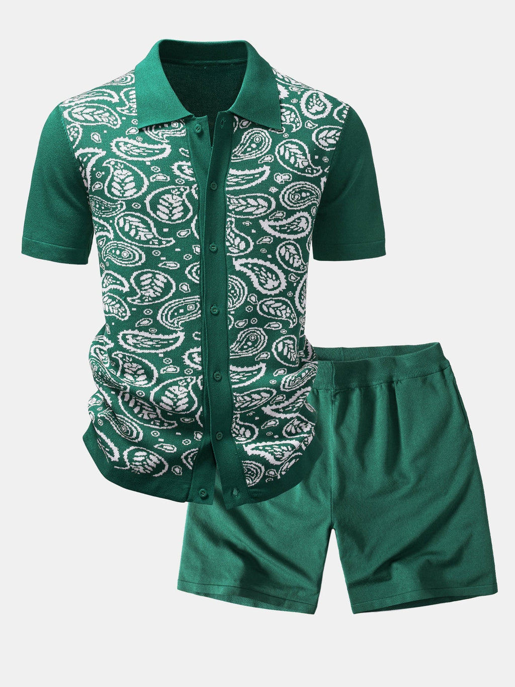 Paisley Knit Button-Up Shirt and Matching Knit Shorts
