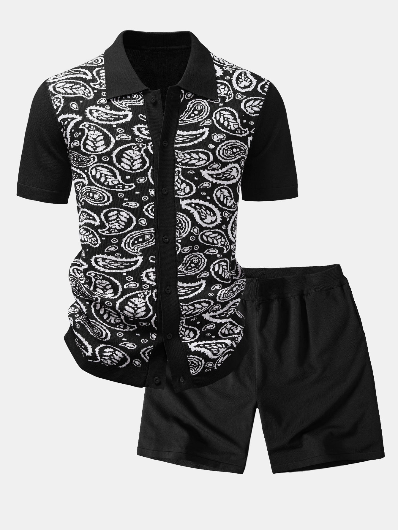 Paisley Knit Button-Up Shirt and Matching Knit Shorts