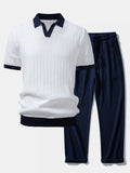 Textured Contrast Johnny Collar Knit Polo with Drawstring Waffle Knit Pants