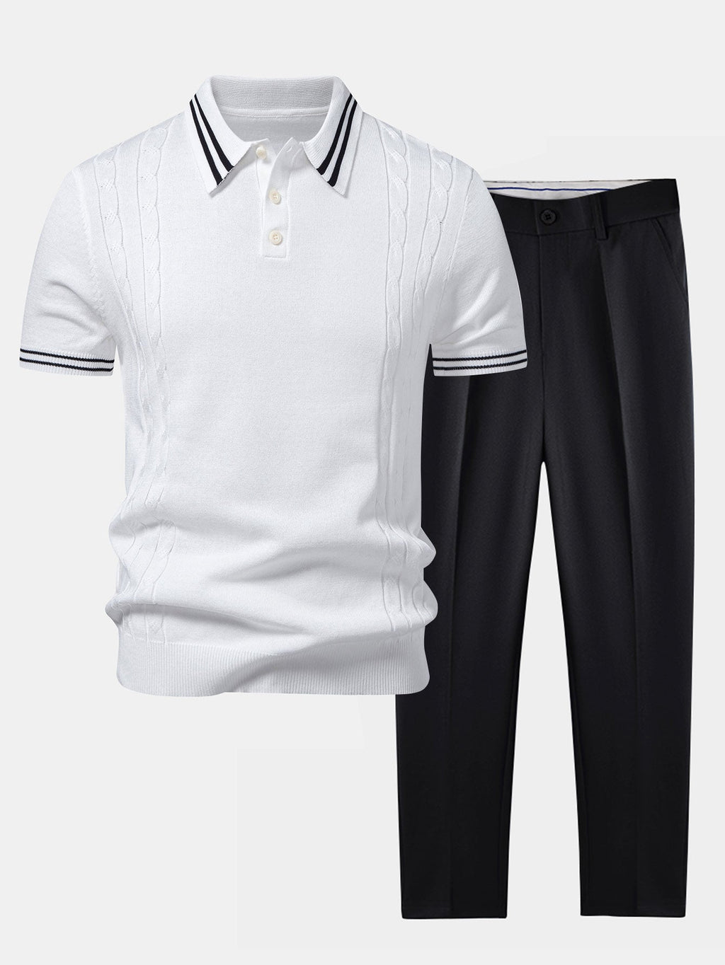 Twisted Jacquard Knit Polo with Contrast Trim & Slim Fit Tapered Trousers
