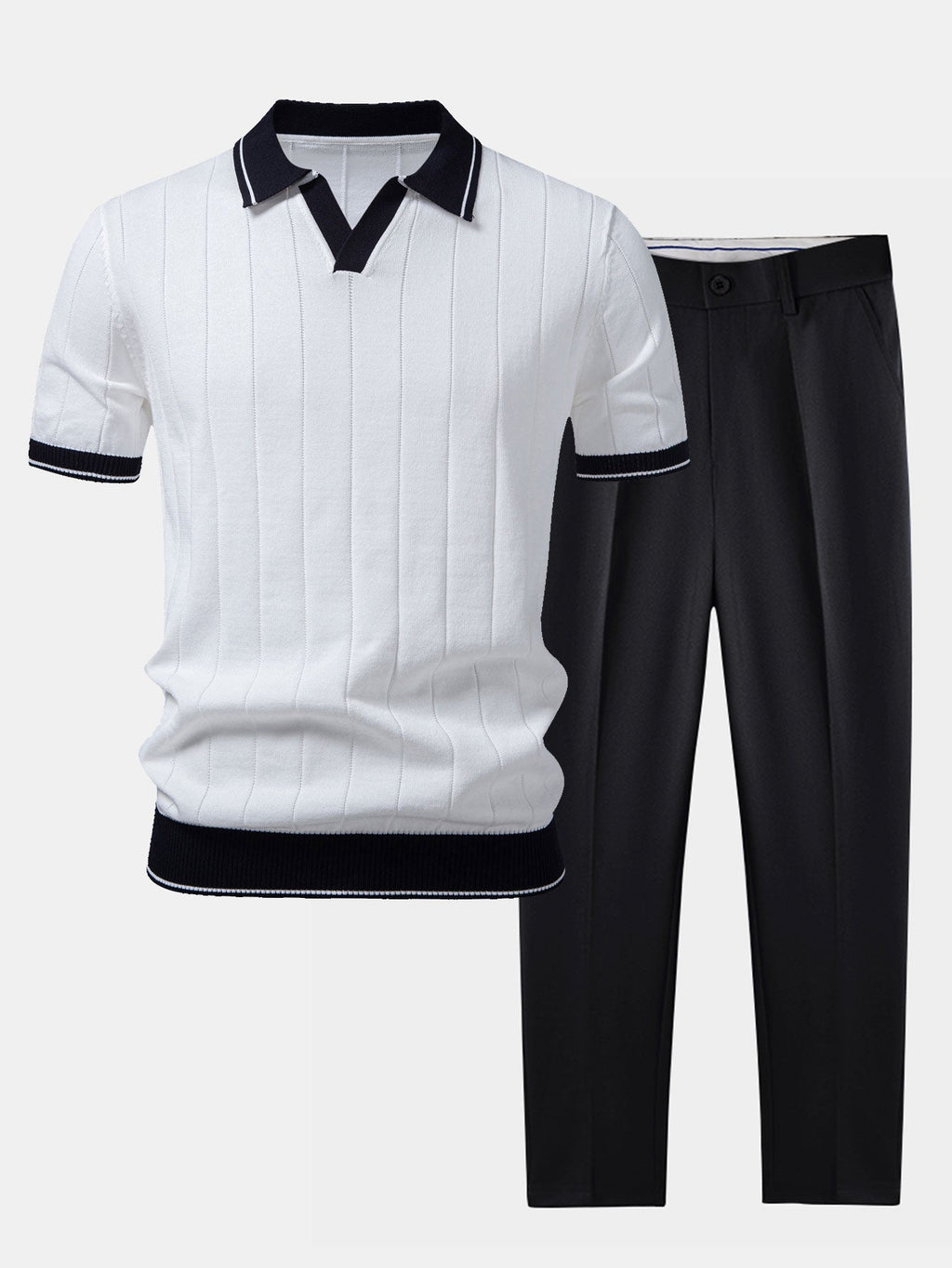 Ribbed Johnny Collar Knit Polo with Contrast Trim & Slim Fit Tapered Trousers