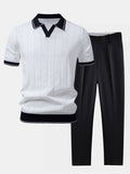 Ribbed Johnny Collar Knit Polo with Contrast Trim & Slim Fit Tapered Trousers