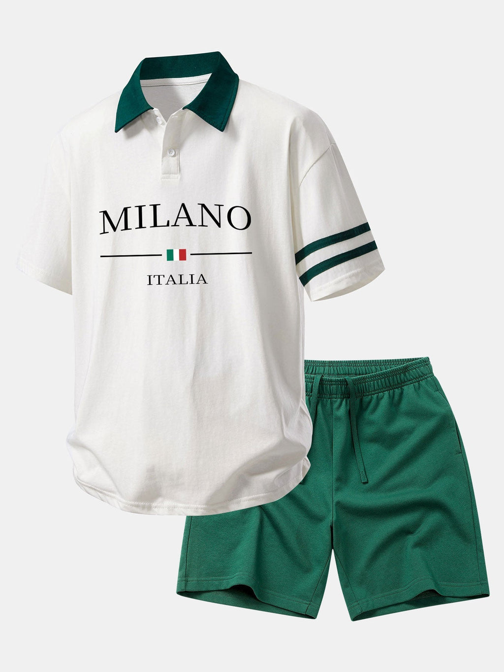 Relaxed Fit Milano Print Polo Shirt with Contrast Collar & 7" Cotton Drawstring Shorts