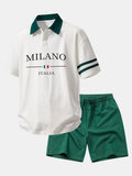 Relaxed Fit Milano Print Polo Shirt with Contrast Collar & 7" Cotton Drawstring Shorts