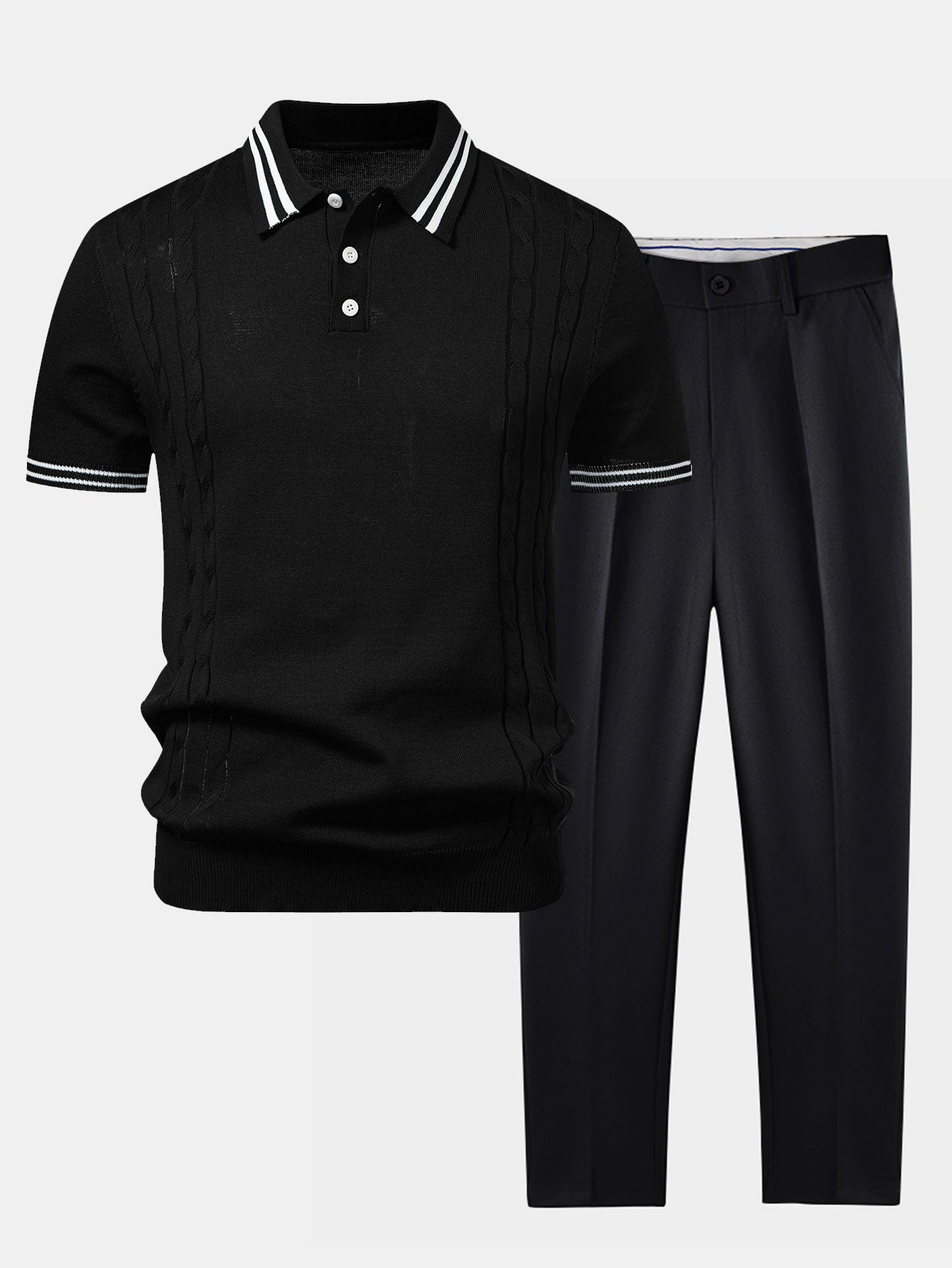 Twisted Jacquard Knit Polo with Contrast Trim & Slim Fit Tapered Trousers