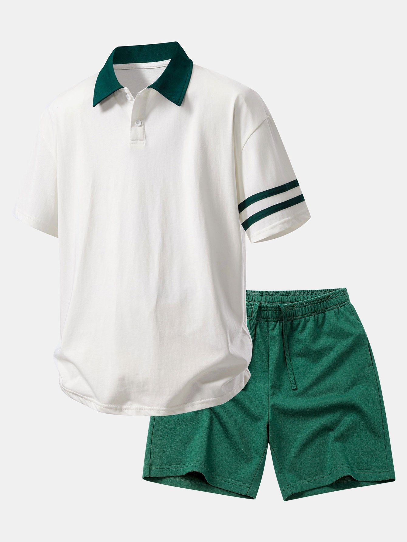 Relaxed Fit Polo Shirt with Contrast Collar & 7" Cotton Drawstring Shorts