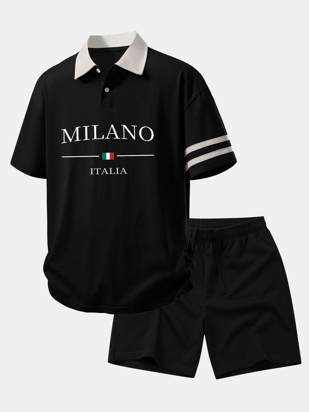 Relaxed Fit Milano Print Polo Shirt with Contrast Collar & 7" Cotton Drawstring Shorts