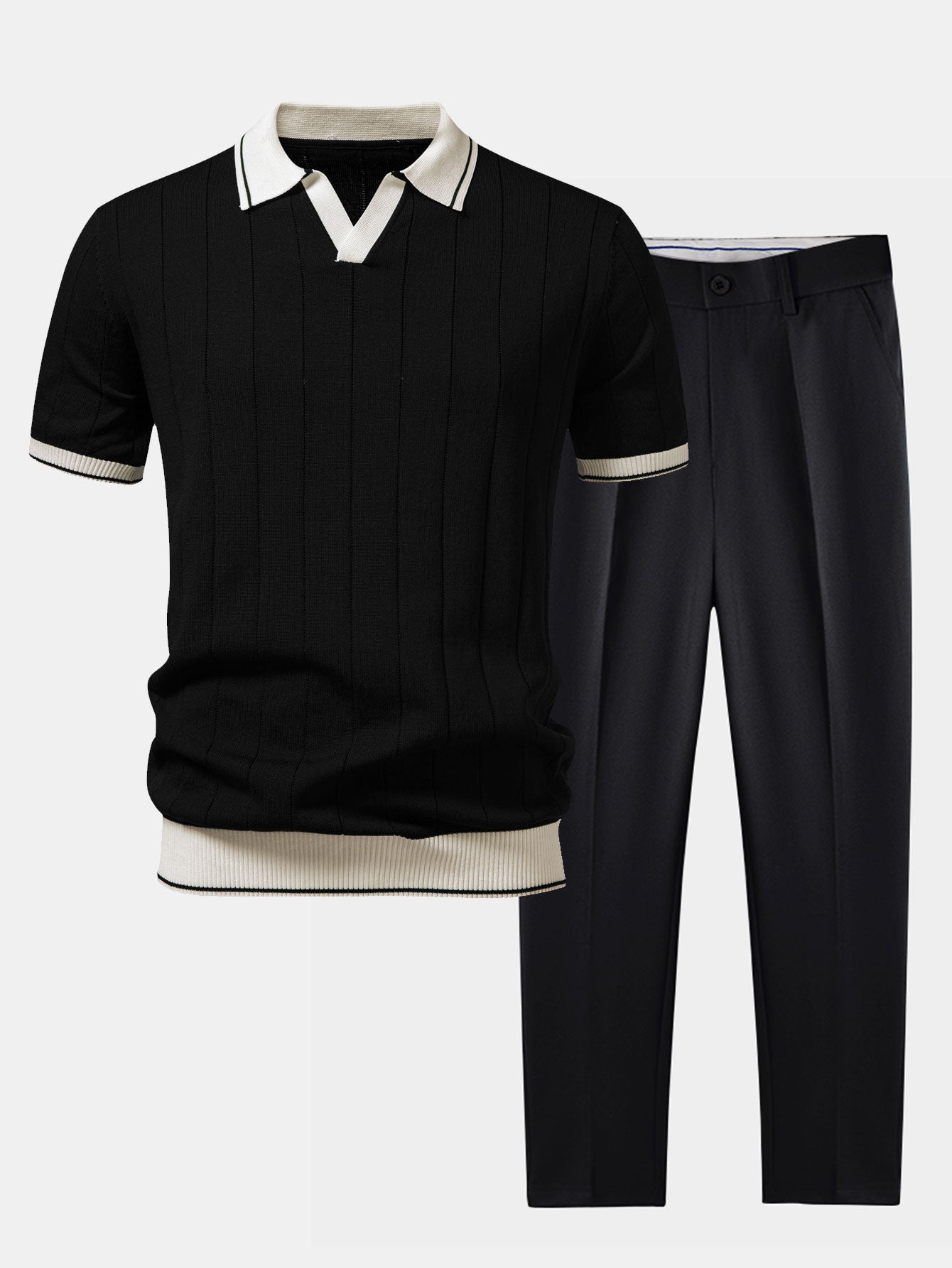 Ribbed Johnny Collar Knit Polo with Contrast Trim & Slim Fit Tapered Trousers